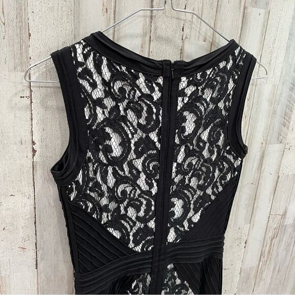 Tadashi Shoji Lace V-Neck Gown with Pintuck Jersey Piping black lace white 4 - Picture 7 of 10